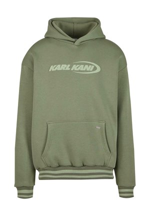 Oliivivihreä huppari, jossa on kengurupockets, resorit hihansuissa ja helmassa sekä valkoinen logo edessä. Valmistettu pehmeästä kankaasta.