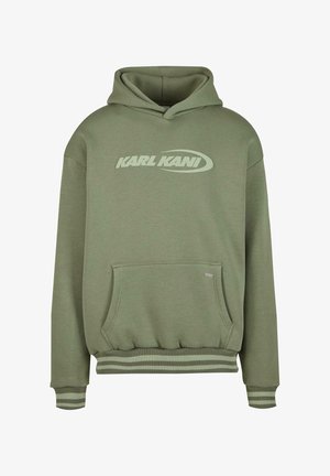 Olive green hooded sweatshirt featuring a kangaroo pocket, ribbed cuffs and hem, and a white logo on the front. Made of soft fabric.