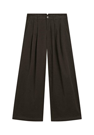 Bruine broek met brede pijpen, met plooien, zijzakken, ceintuurlussen en een knoop- en ritssluiting in de taille.