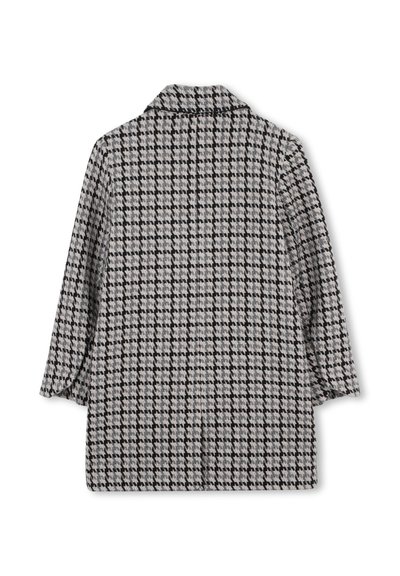 Blazer à motif pied-de-poule noir, blanc et gris. Comprend un col et des manches trois-quarts, avec une finition en tissu texturé.