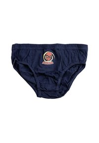 Slip di cotone blu navy con grafica di Spiderman sul davanti, con vita elastica arricciata e cuciture rinforzate.