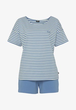 Gestreiftes Baumwoll-Loungewear-Set in Hellblau und Weiß. Kurzärmeliges Top mit rundem Ausschnitt und passenden blauen Shorts. Subtile Logodetails.