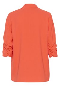 Pomarańczowa marynarka z długim rękawem z klapami, marszczonymi rękawami i dwoma kieszeniami po bokach. Gładka tkanina, prosty krój i średnia długość.