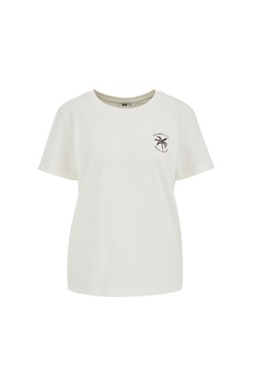 Valge lühikeste varrukatega ümara kaelusega T-särk, mille vasakul rinnal on väike must palmipuuga kujutis ja tekst "Paradise is a state of mind".