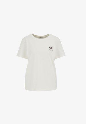 Tricou alb cu mâneci scurte, decolteu rotund, cu o mica palmier negru și textul „Paradise is a state of mind” pe partea stângă a pieptului.