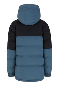 Giacca a vento imbottita con un design a blocchi di colore blu teal e nero, dotata di cappuccio, polsini elastici e texture imbottita a trapunta.