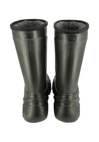 Zwarte rubberen regenlaarzen met een gestructureerde afwerking, een met fleece gevoerde binnenkant en een stevige zool. Heeft een solide ontwerp en een hoge schacht.