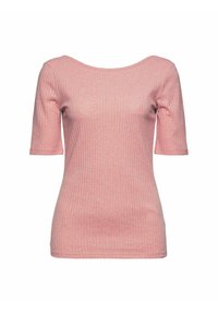 Top rosa a maniche corte con scollo rotondo. Realizzato in tessuto morbido, presenta una forma aderente e una leggera texture uniforme.