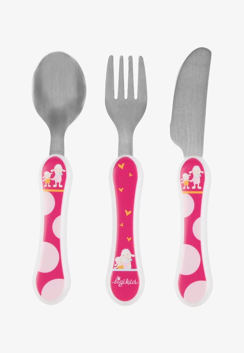 Child-sized stainless steel spoon, fork, and knife with pink plastic handles featuring white polka dots and cartoon figures.