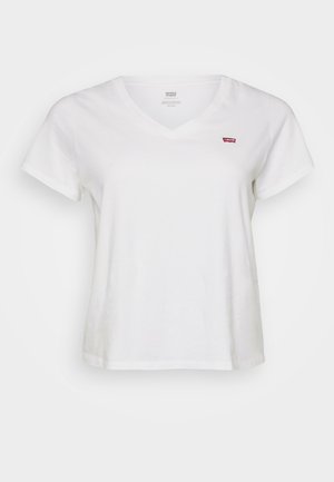 Valge puuvillane T-särk V-kaelusega, lühikeste varrukatega ja väikese punase Levi's logo'ga vasakul rinnal. Pehme tekstuur, vabalt langetav lõige.