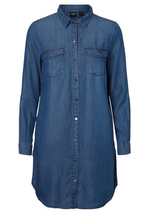 Langærmet blå denimskjortekjole med knappelukning foran, spids krave og to brystlommer med klap og knappelukning.