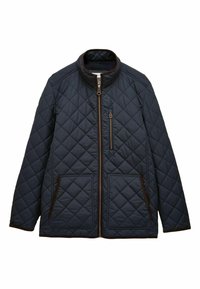 Námornícky prešívaný kabát so stojacím golierom, hnedým zipsom, zipsovou náprsní kapsou a dvoma prednými vreckami. Obsahuje diamantový vzor a hnedé lemovanie.