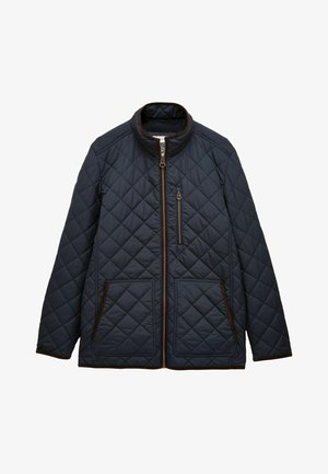 Marineblau gesteppte Jacke mit Stehkragen, braunem Reißverschluss, einer Brusttasche mit Reißverschluss und zwei Vordertaschen. Mit Rauten-Muster und brauner Borte.