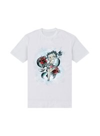Hvid kortærmet t-shirt med en illustration af en karakter, der holder røde roser, med blå accentfarver og dekorativ tekst.
