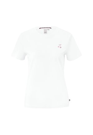 Wit katoenen T-shirt met korte mouwen. Heeft een kleine roze kersenafbeelding op de linkerborst. Klassieke ronde hals en standaard pasvorm.