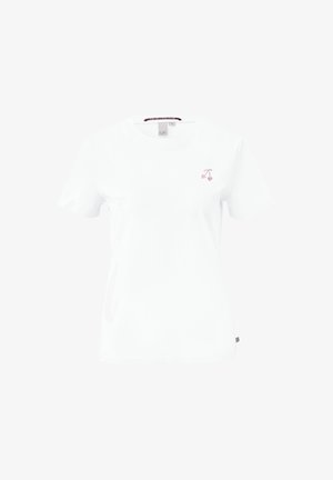 Wit katoenen T-shirt met korte mouwen. Heeft een kleine roze kersenafbeelding op de linkerborst. Klassieke ronde hals en standaard pasvorm.