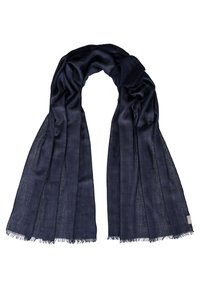 Shawl blu navy realizzato in tessuto leggero e trasparente. Presenta una texture morbida con bordi sfilacciati e un design drappeggiato.