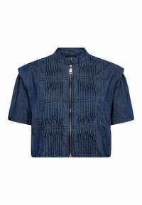 Rövid ujjú, rövidített farmerdzseki plisszírozott textúrával, elöl cipzáros zárral és sötétkék színben.