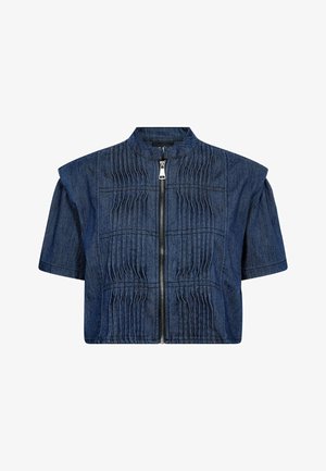 Īsi sametināts džinsa žakets ar īsām piedurknēm, ar kroku tekstūru, priekšpusē ar rāvējslēdzēju un tumši zilu krāsu.
