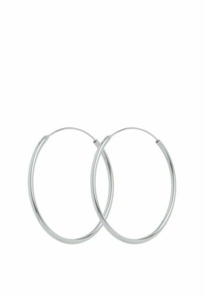 Paari poleeritud hõbedast rõngakujulisi kõrvarõngaid, millel on õhuke, sile ringikujuline disain ja kinnitusklapiga tagused sulgurid valgel taustal.