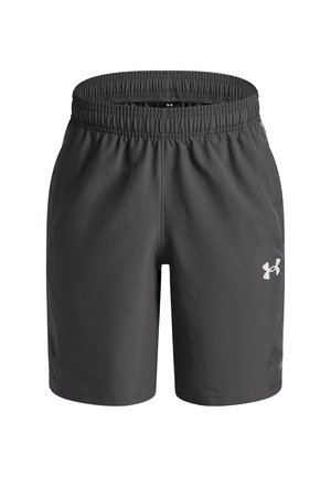Grijze sportshorts met een elastische tailleband, met een gladde textuur en een klein wit logo aan de onderzijde rechts.