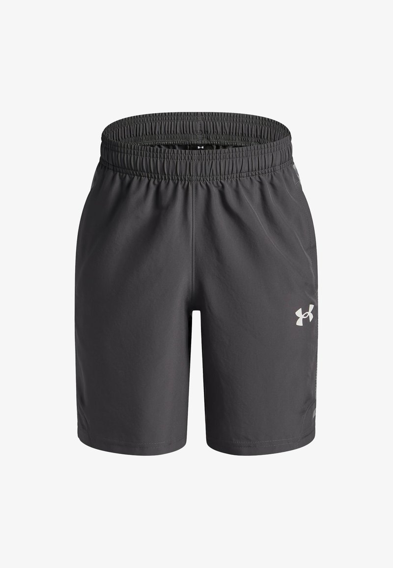 Hallid hallid sportlikud lühikesed püksid elastse vöökohtaga, sileda tekstuuriga ja väikese valge logoga paremal all nurgas.