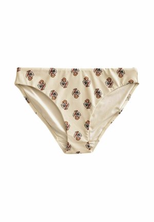 Bas de bikini beige présentant un motif floral répétitif en orange et noir. Fabriqué en tissu lisse et extensible avec une taille mi-haute.