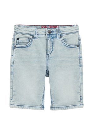 Lyseblå denimshorts med forlommer, bæltestropper og knaplukning, der viser subtile vask og syningsdetaljer.
