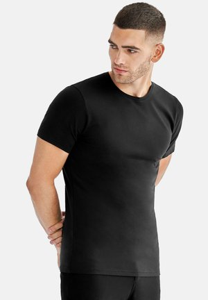 Schwarzes Kurzarm-T-Shirt aus weichem Stoff, mit klassischem Rundhalsausschnitt und taillierter Silhouette, glatter Textur und minimalistischem Design.