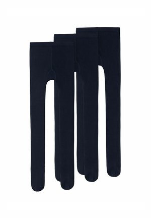 Trois paires de collants bleu marine en matériau lisse et extensible, avec une texture douce et un design avec pieds.