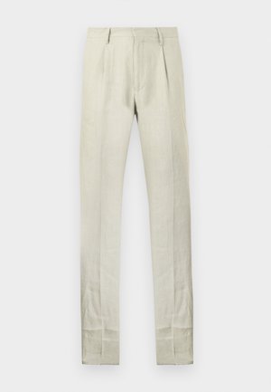Light beige linen trousers with a smooth texture, featuring a tailored fit, two front pleats, and straight legs. No visible pockets or accents.