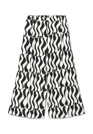 Black and white wide-leg pants with a wavy striped pattern arranged in a checkerboard style, laid flat on a white background.