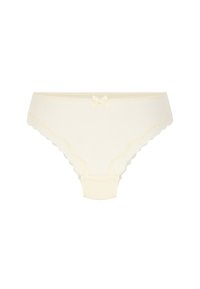 Höschen aus baumwollfarbenem Baumwollstoff mit gerippter Textur, Spitzenbesatz an den Rändern und einer kleinen Schleife vorne in der Mitte.