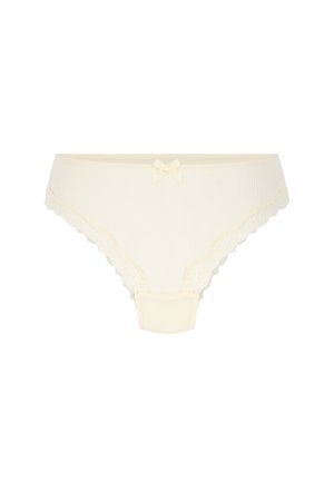 Roomkleurige katoenen slipjes met geribbelde structuur, kanten randje aan de randen en een klein strikje aan de voorkant in het midden.