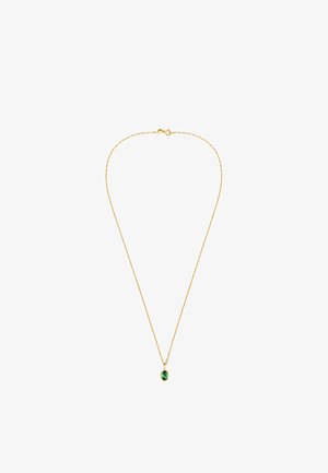 Guld kæde med en oval grøn juvelanhænger, med en delikat tekstur og fine led, designet til et minimalistisk look.