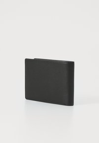 Black leather wallet, rectangular shape, smooth texture, featuring minimalistic design, no visible hardware or patterns, side view.