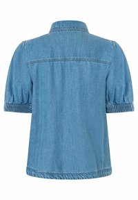 Hellblaues Denim-Hemd mit Kragen, kurzen Puffärmeln, gerafften Bündchen und geradem Schnitt. Hat eine glatte Textur.