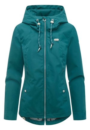 Türkisfarbene Kapuzenjacke mit vorderem Reißverschluss, verstellbaren Kordeln, Druckknopftaschen und tailliertem Schnitt.