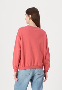 Sudadera coral rústica con un corte holgado, puños acanalados y dobladillo. La parte posterior presenta un cuello redondo clásico y una textura suave y lisa.