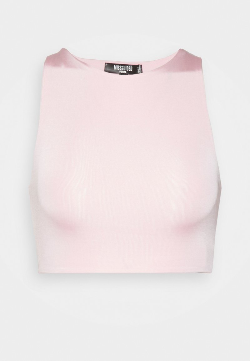 Top court rose en tissu lisse et extensible. Présente un col arrondi et une coupe ajustée, idéale pour un style décontracté.