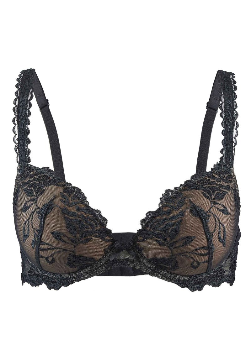 Soutien-gorge en dentelle noire avec broderie florale, bonnets transparents, bords festonnés et bretelles réglables. Présente un petit nœud au centre.