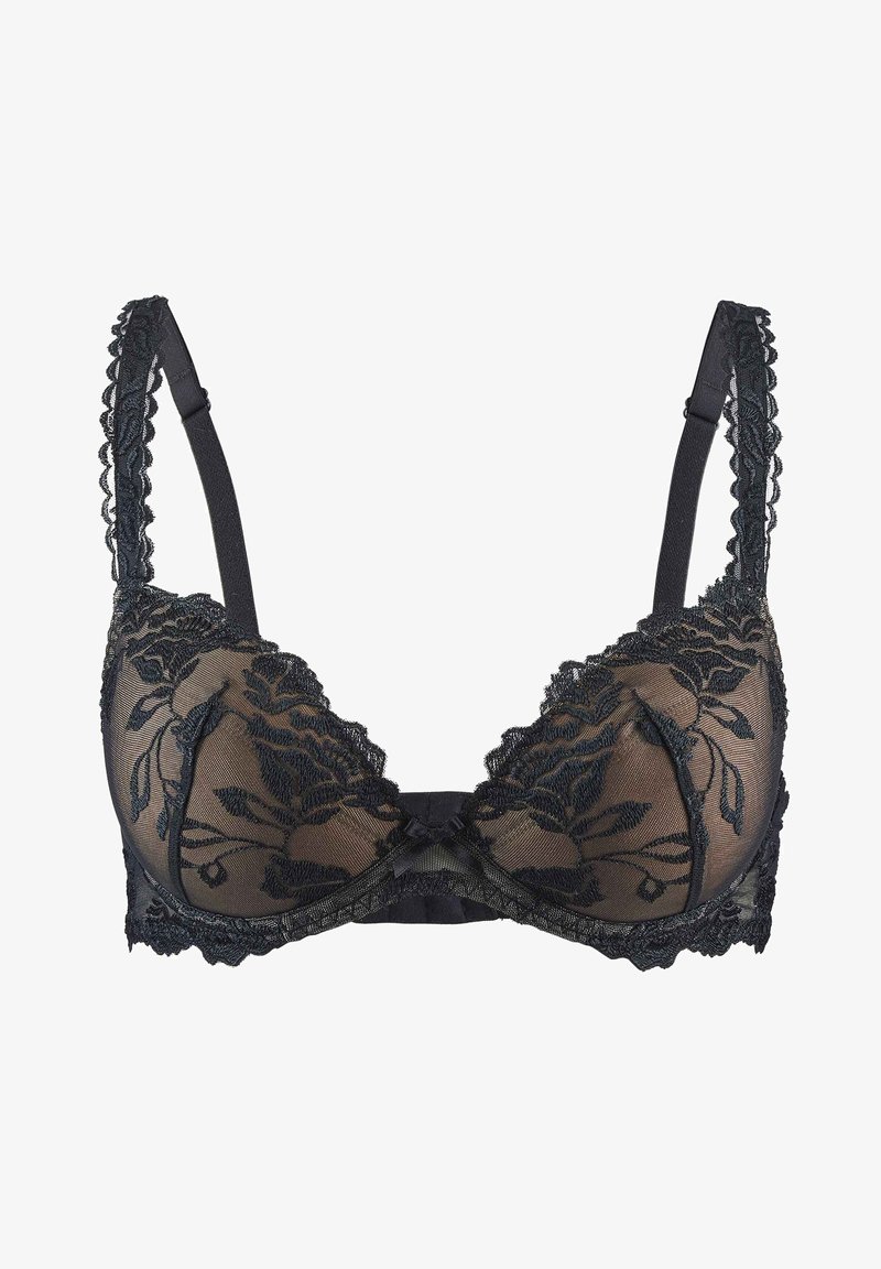 Soutien-gorge en dentelle noire avec broderie florale, bonnets transparents, bords festonnés et bretelles réglables. Présente un petit nœud au centre.