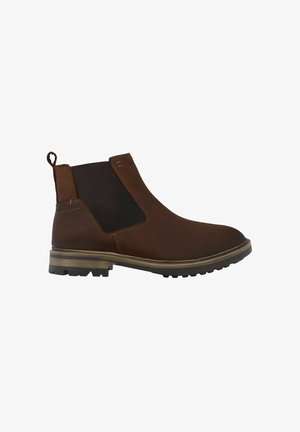 Brauner Chelsea-Stiefel aus Leder mit elastischen Seitenteilen, minimalen Nähten und einer strukturierten Gummisohle. Verfügt über eine Zuglasche an der Ferse.