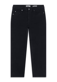 Jeans de mezclilla negros con pierna recta, cinco bolsillos, cierre frontal de botón y costuras tonales. Textura suave con un detalle mínimo.