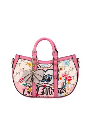 Geantă de mână roz cu bufniță de desen animat, flori multicolore, model repetitiv cu textul „EY” și o fundiță mare cu strasuri pe bretelele frontale.