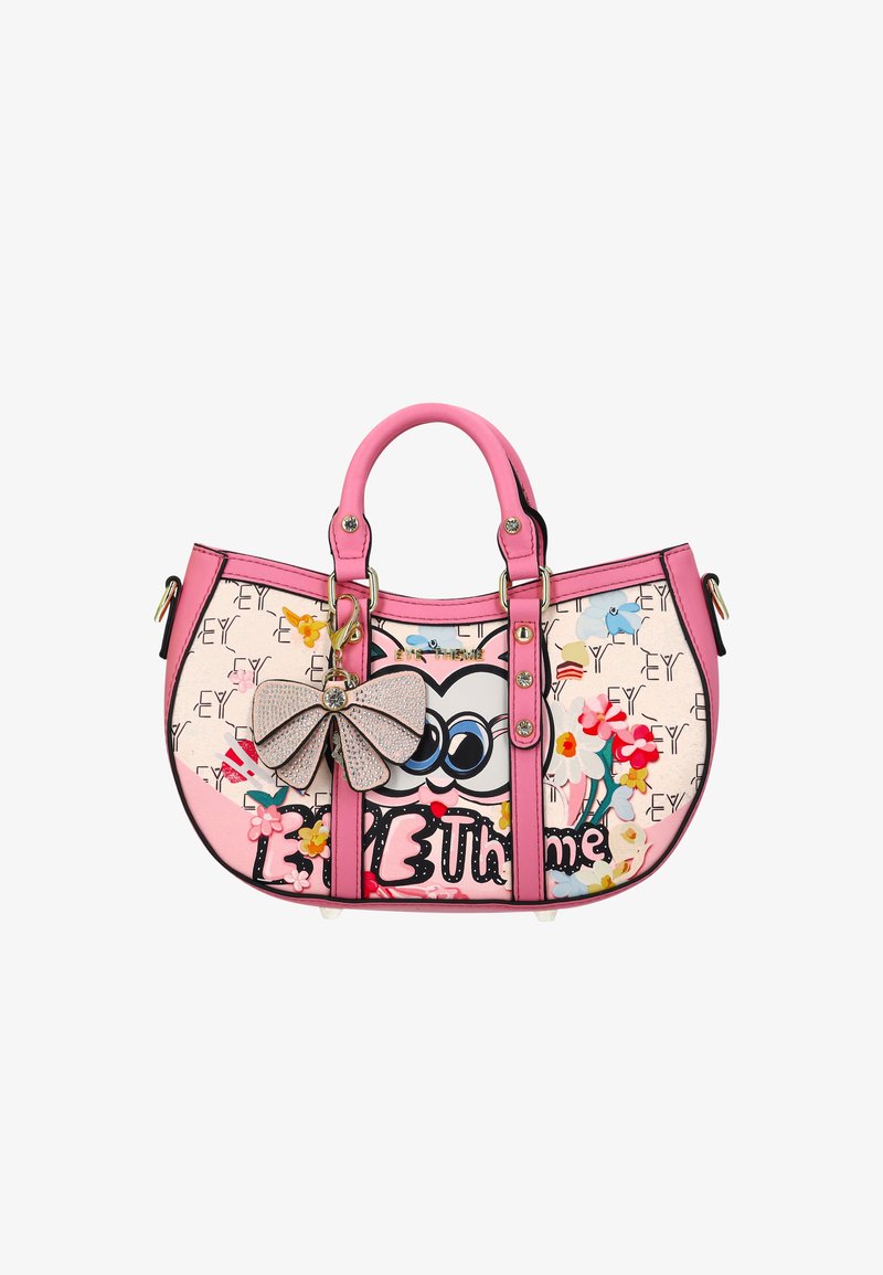 Geantă de mână roz cu bufniță de desen animat, flori multicolore, model repetitiv cu textul „EY” și o fundiță mare cu strasuri pe bretelele frontale.