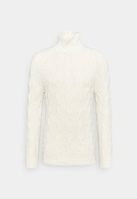 Krämfärgad stickad turtleneck-tröja med en texturerad kabeldesign, långa ärmar och ribbade cuffar samt nederkant.