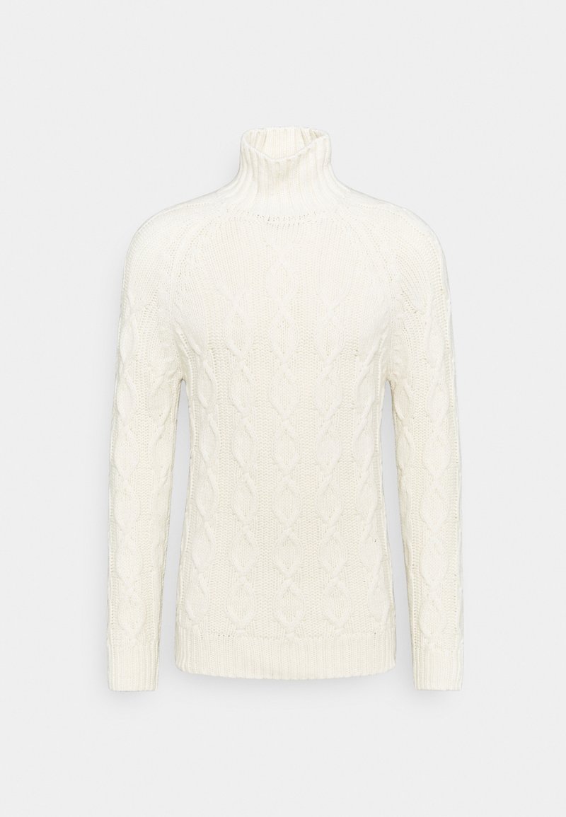 Krämfärgad stickad turtleneck-tröja med en texturerad kabeldesign, långa ärmar och ribbade cuffar samt nederkant.