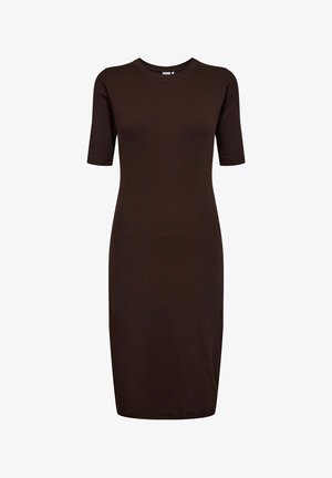 Temno rjava obleka do kolen, prilagojena, s kratkimi rokavi in okroglim izrezom, prikazana na beli podlagi.