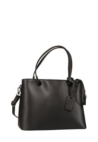 Sac fourre-tout en synthétique noir avec bandoulière réglable, double poignées supérieures, texture lisse, et une étiquette attachée pour identification.